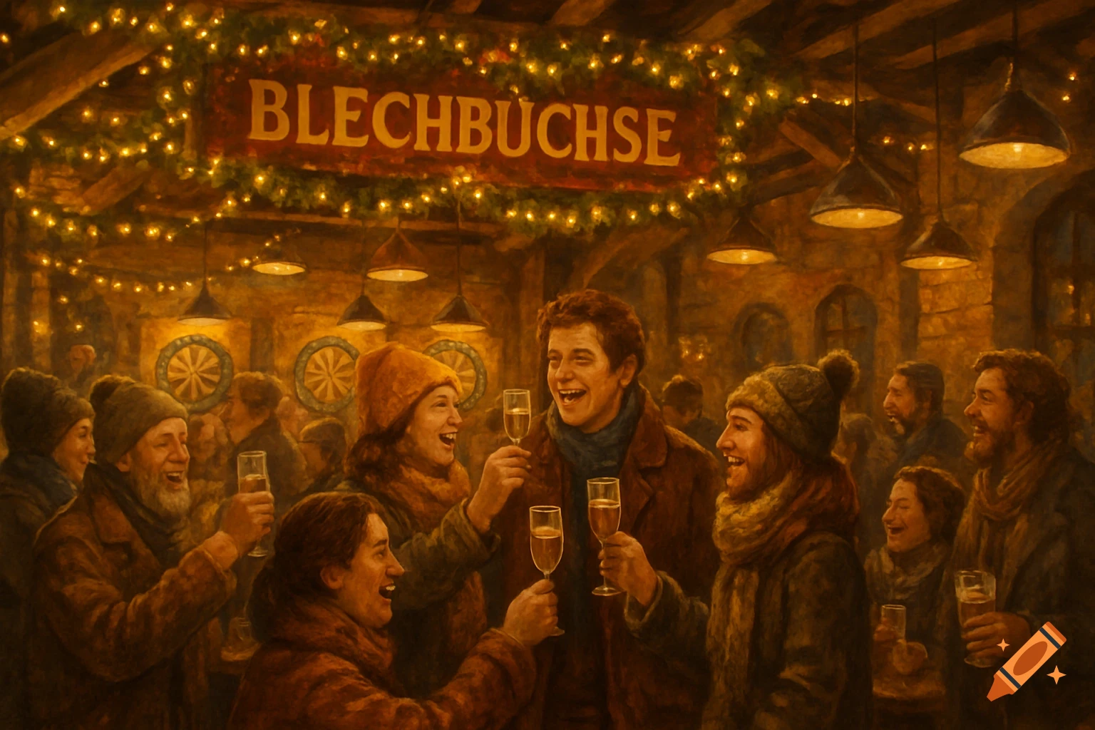 A vibrant painting depicts people celebrating in a pub named "Blechbüchse" with dartboards and string lights.