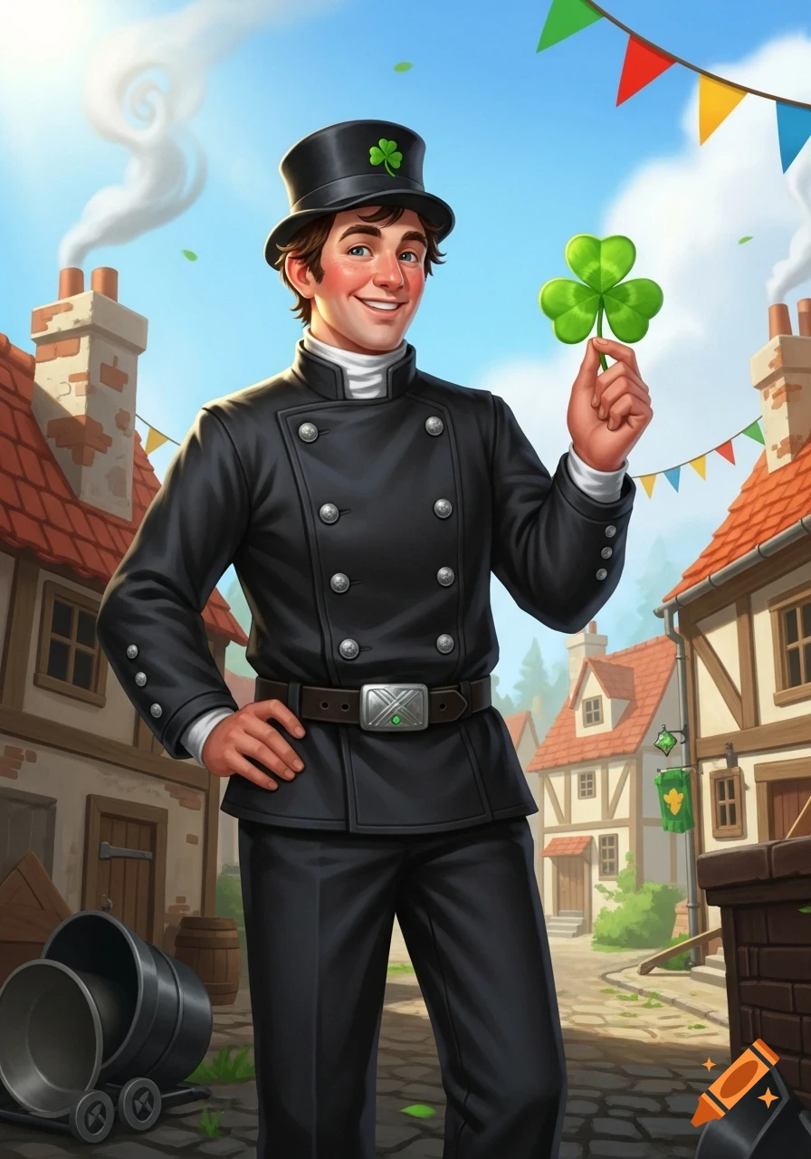 A cheerful chimney sweep in a black uniform and top hat holds a shamrock in a sunny village street, digital illustration.