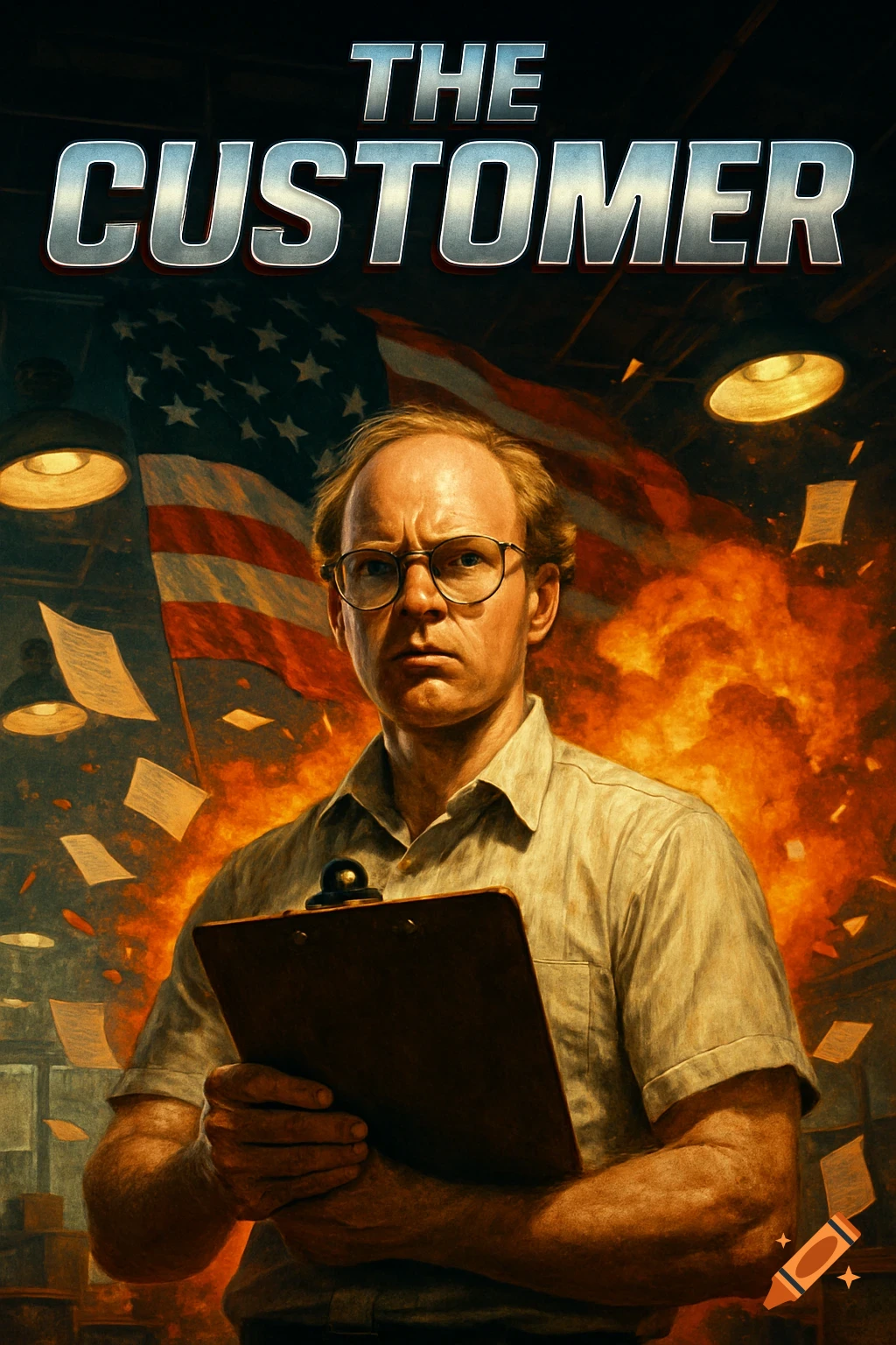 Dramatic movie poster for 'THE CUSTOMER' shows a balding man in glasses holding a clipboard, with an American flag and explosions behind him.