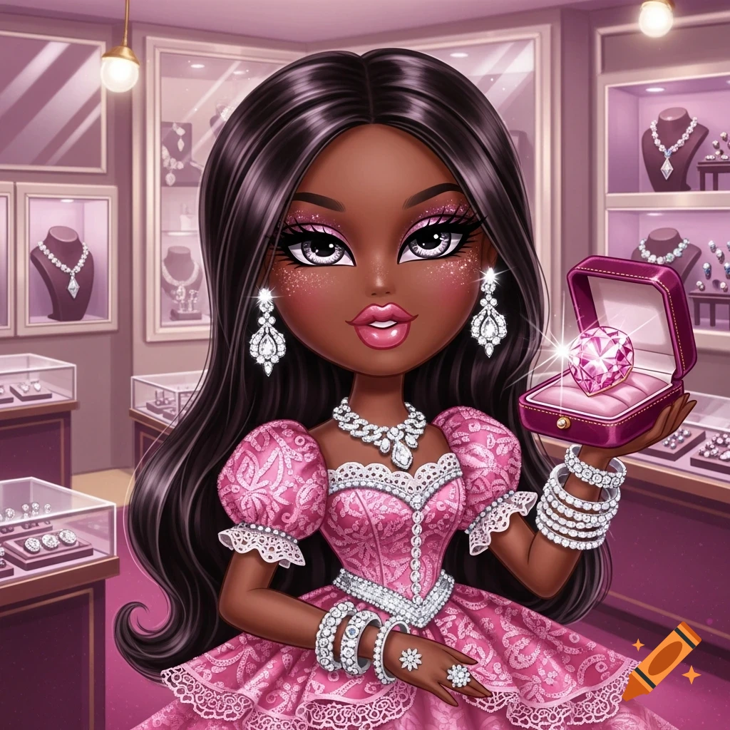 A dark-skinned Bratz-style doll in a pink dress and abundant diamond jewelry, holding a sparkling pink jewel in a box in a luxurious pink-themed jewelry store.
