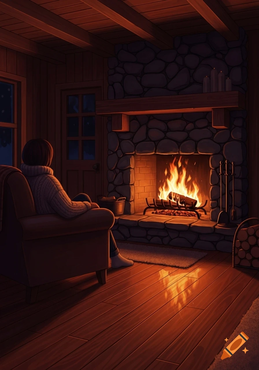 A person in a sweater sits in an armchair, watching a fire burn brightly in a stone fireplace in a warm, cozy cabin.