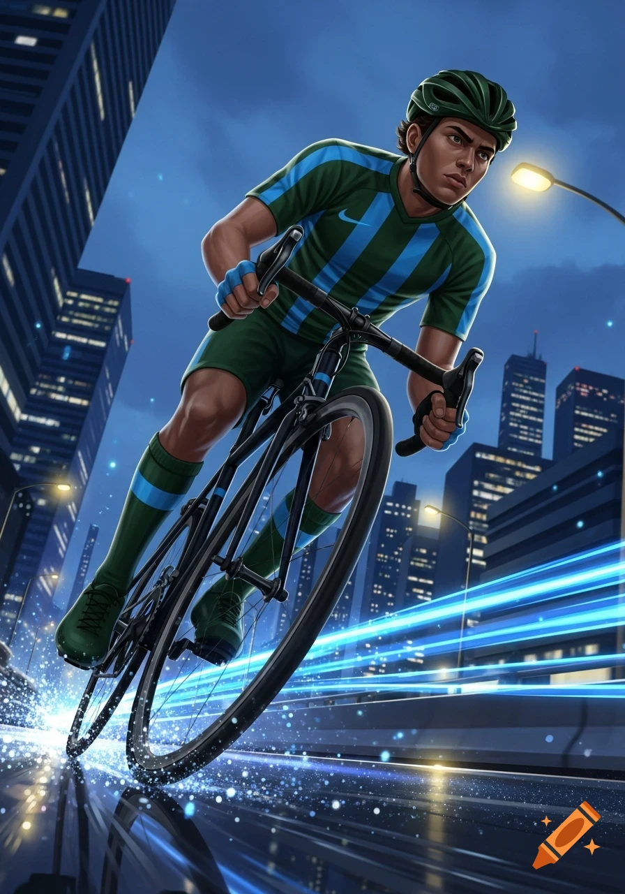 A male cyclist in a green and blue kit on a black bike speeding through a dark city street, rendered in a dynamic digital art style.