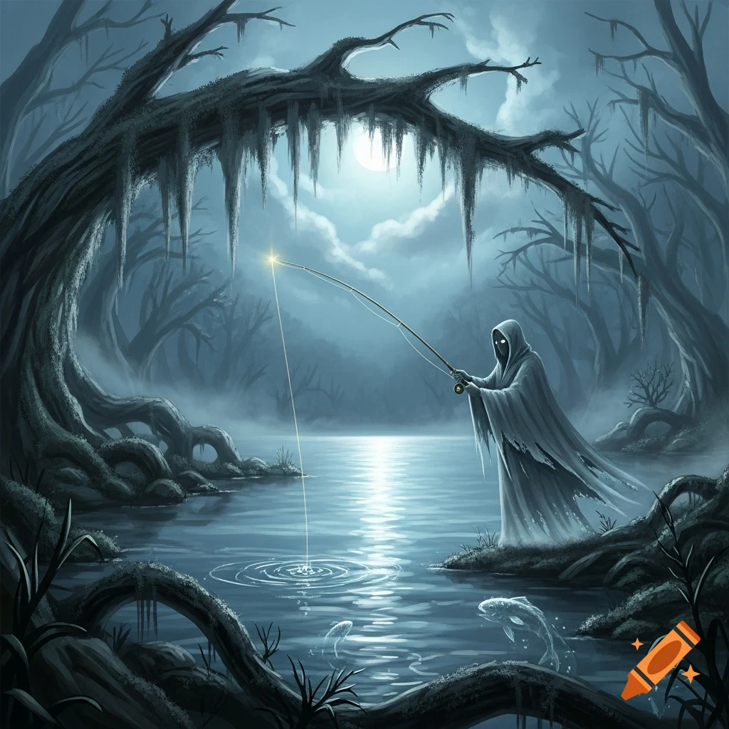 A spectral ghost figure in a hooded cloak fishes with a glowing line in a dark, moonlit swamp, with eerie trees and rising fish.