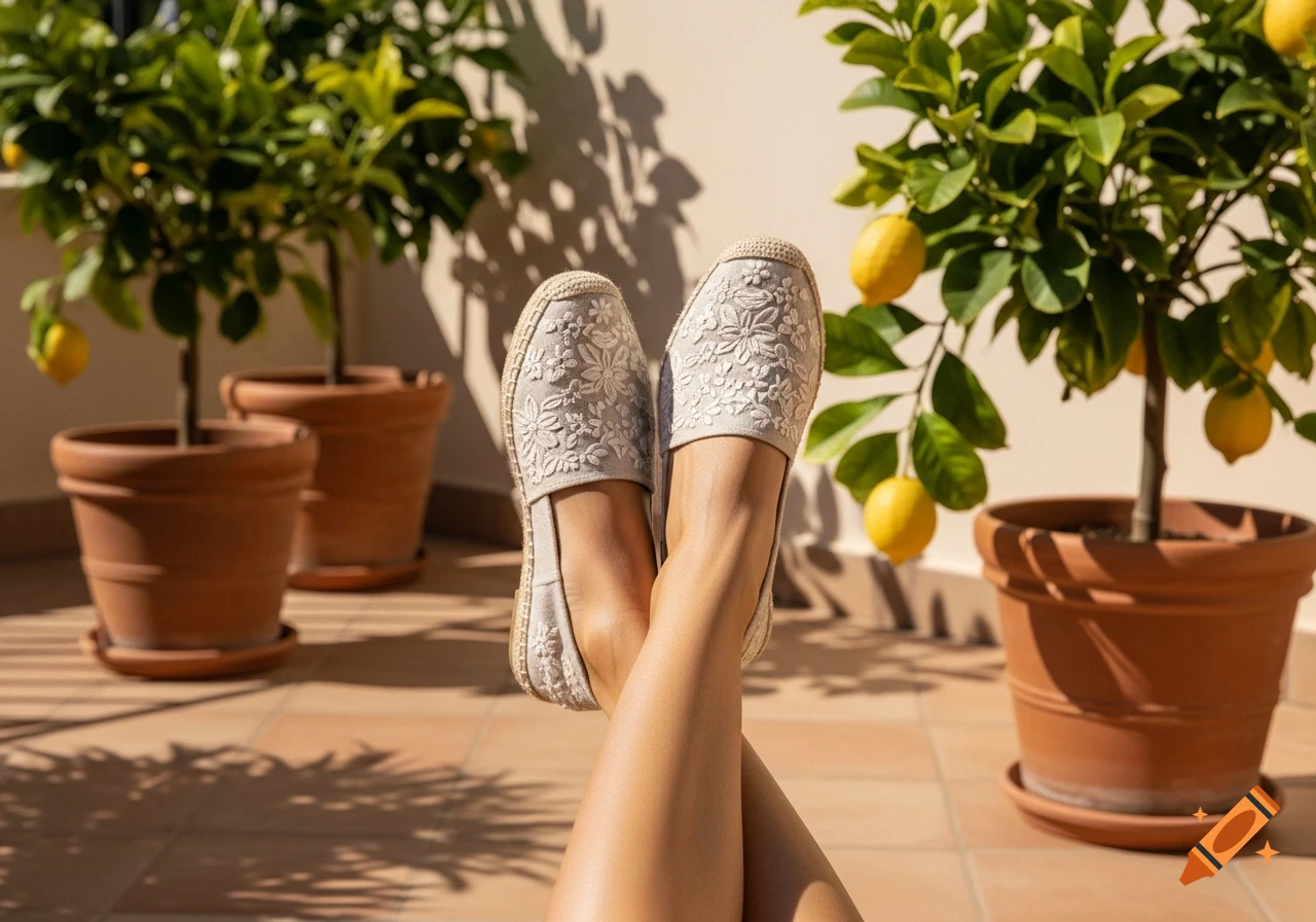A person's legs and feet, wearing white floral espadrilles, crossed and resting on a tiled patio surrounded by potted lemon trees.