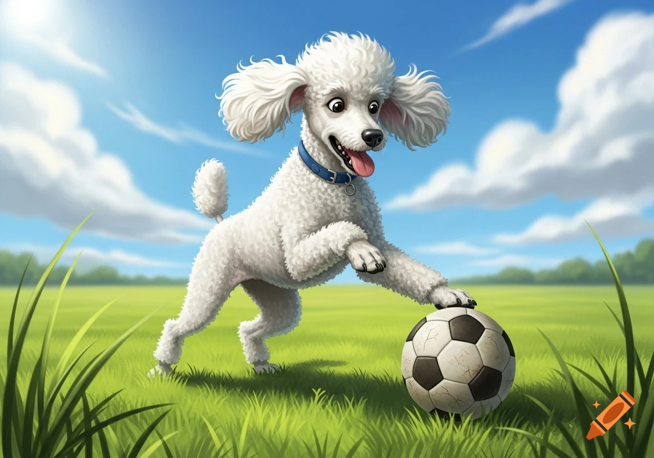 A cartoon white poodle with a blue collar happily plays with a soccer ball in a vibrant green field under a bright blue sky.