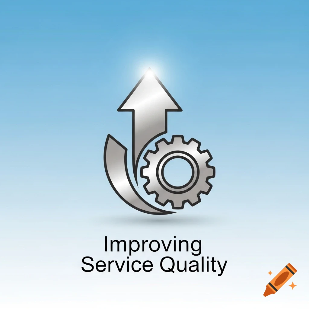 Icon of a silver upward arrow rising from a gear, with the text "Improving Service Quality" below, on a blue gradient background.