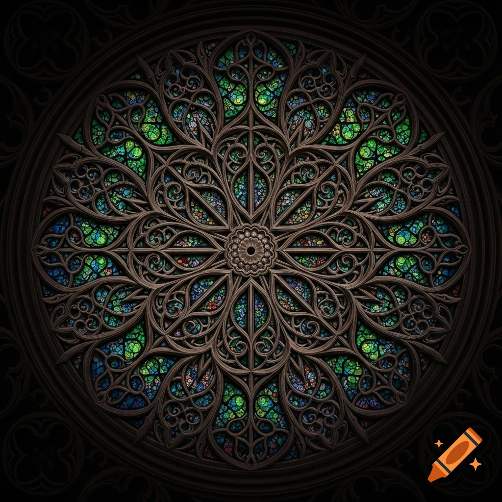 A dark, ornate gothic rose window made from abstract tree branch forms with green and blue stained glass patterns.