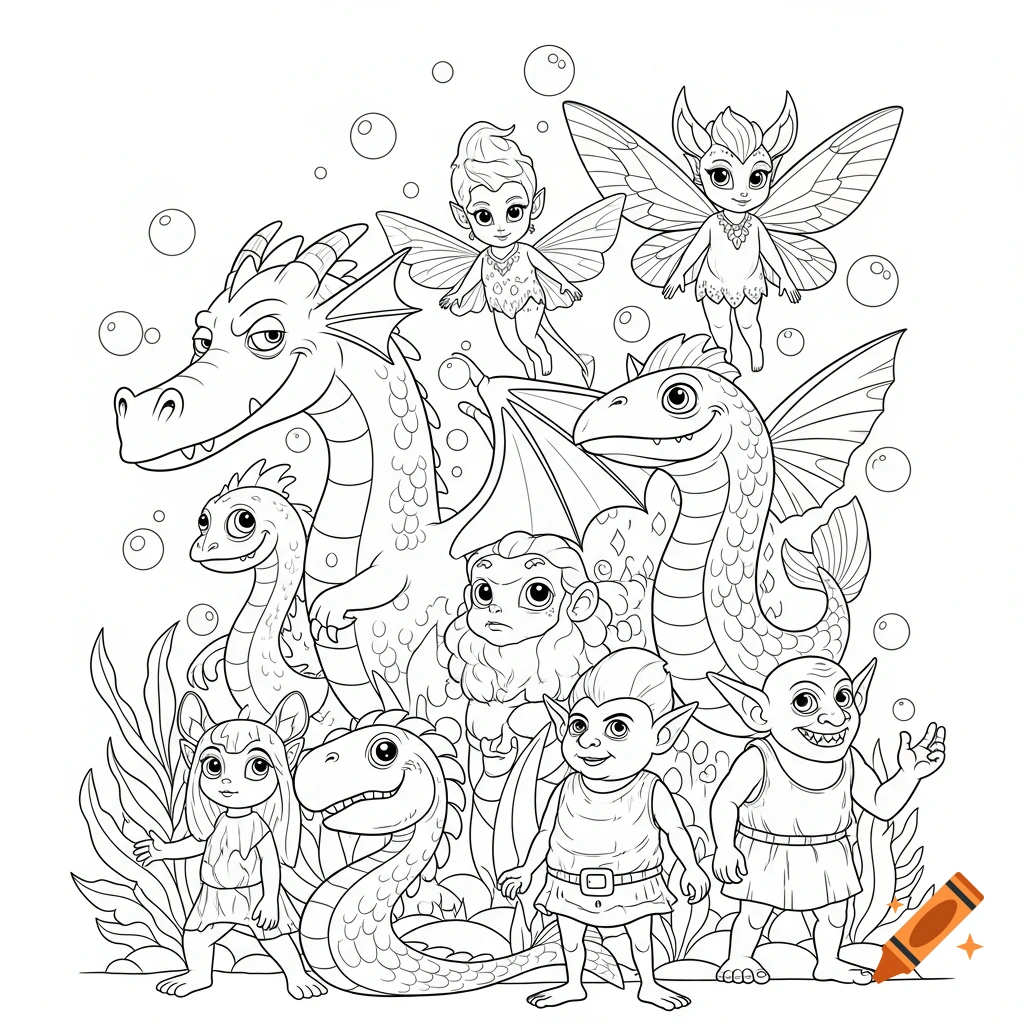 Black and white line art illustration of a group of fantastical creatures, including dragons, fairies, and goblins, with bubbles floating around them.
