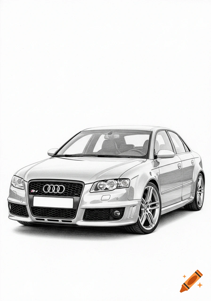 Detailed pencil drawing of a silver Audi RS4 sedan, viewed from a front-three-quarter angle, on a white background.