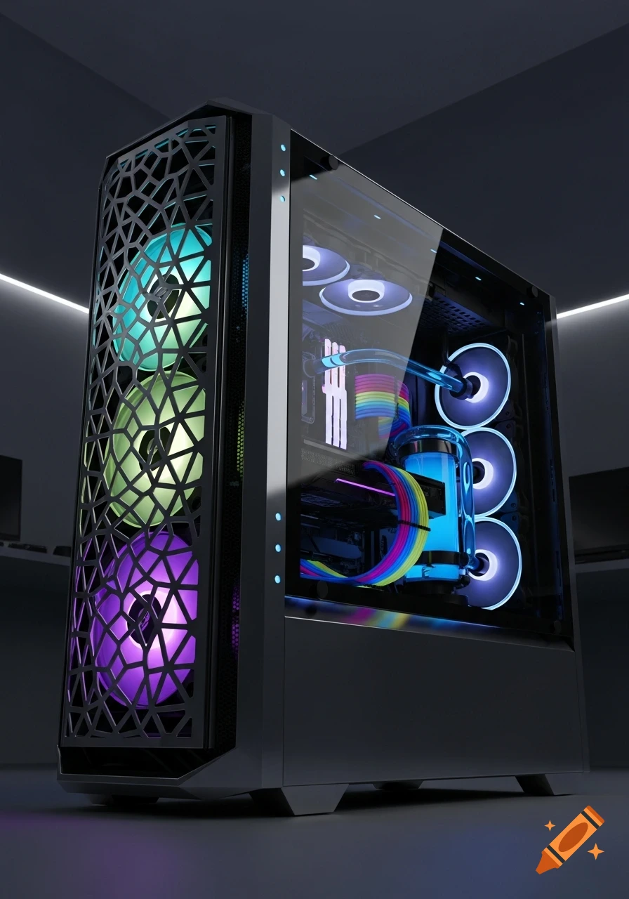 A high-end gaming PC case with vibrant RGB lighting on its fans, liquid cooling reservoir, and internal components.