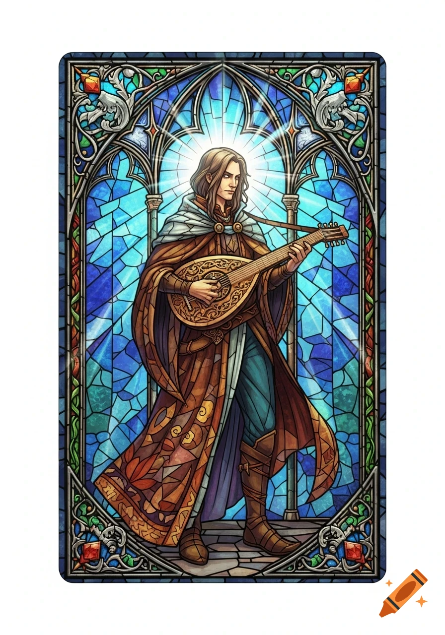 A male bard playing a lute, depicted in a gothic stained-glass window style.