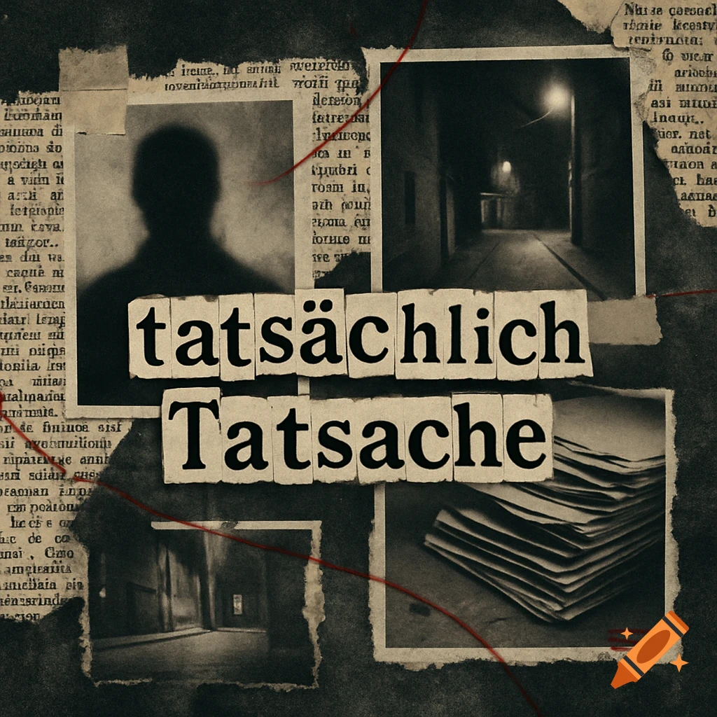 A dark, gritty, collage-style podcast cover for a German true-crime podcast. It features torn newspaper clippings with illegible German text, a silhouette of a person, a dark alley, and a stack of papers. The title "tatsächlich Tatsache" is prominent in a cutout newspaper font, with subtle red lines as accents.