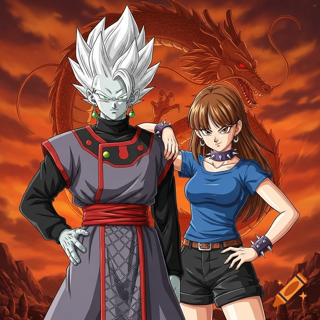 A white-haired male in dark robes and a brown-haired female in a blue shirt and shorts stand before a large red dragon and a fiery orange sky in Dragon Ball style.