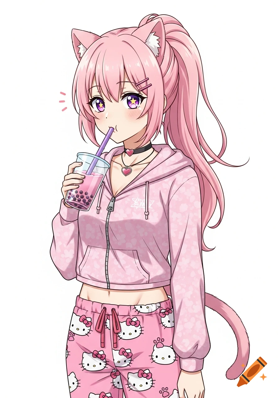 Anime cat girl with pink hair and ears in Hello Kitty pajamas sips bubble tea.