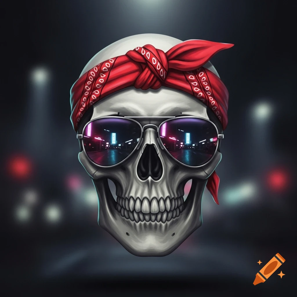 A stylized skull wearing a red bandana and aviator sunglasses, reflecting neon city lights, against a dark bokeh background.
