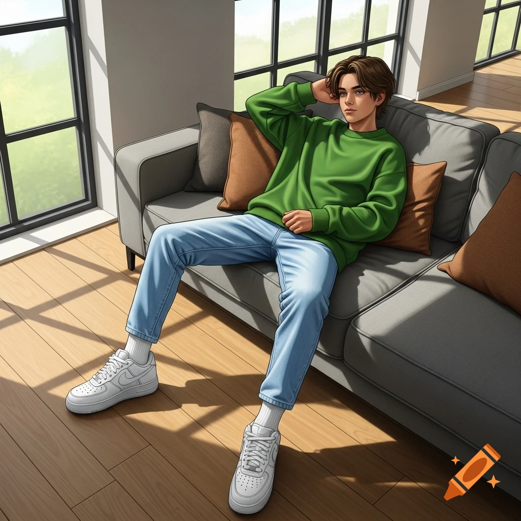 An anime-style teenager in a green oversized sweater and light blue jeans sits on a gray couch, wearing white sneakers. Sunlight streams through large windows onto a wooden floor.