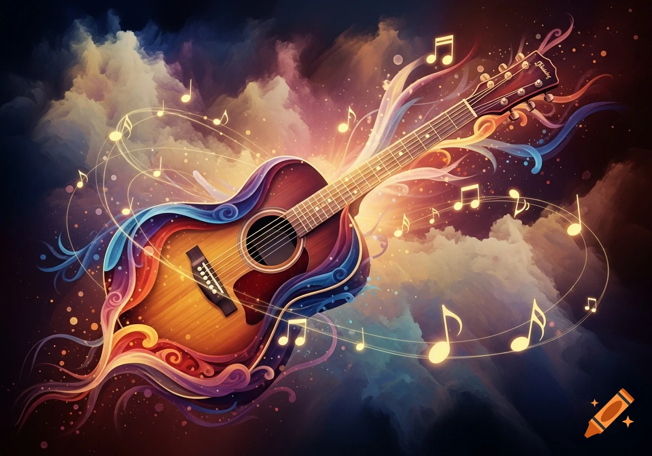 Vibrant abstract acoustic guitar with swirling colorful ribbons and glowing musical notes on a dark, cloudy background.