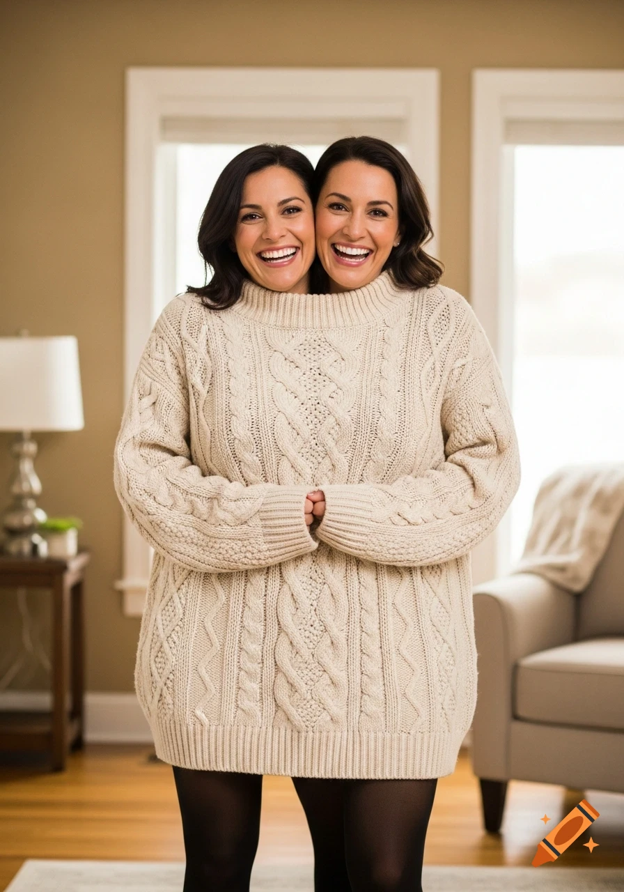 Two smiling women, dressed in black tights and a large cream cable-knit sweater, create the illusion of a two-headed person.
