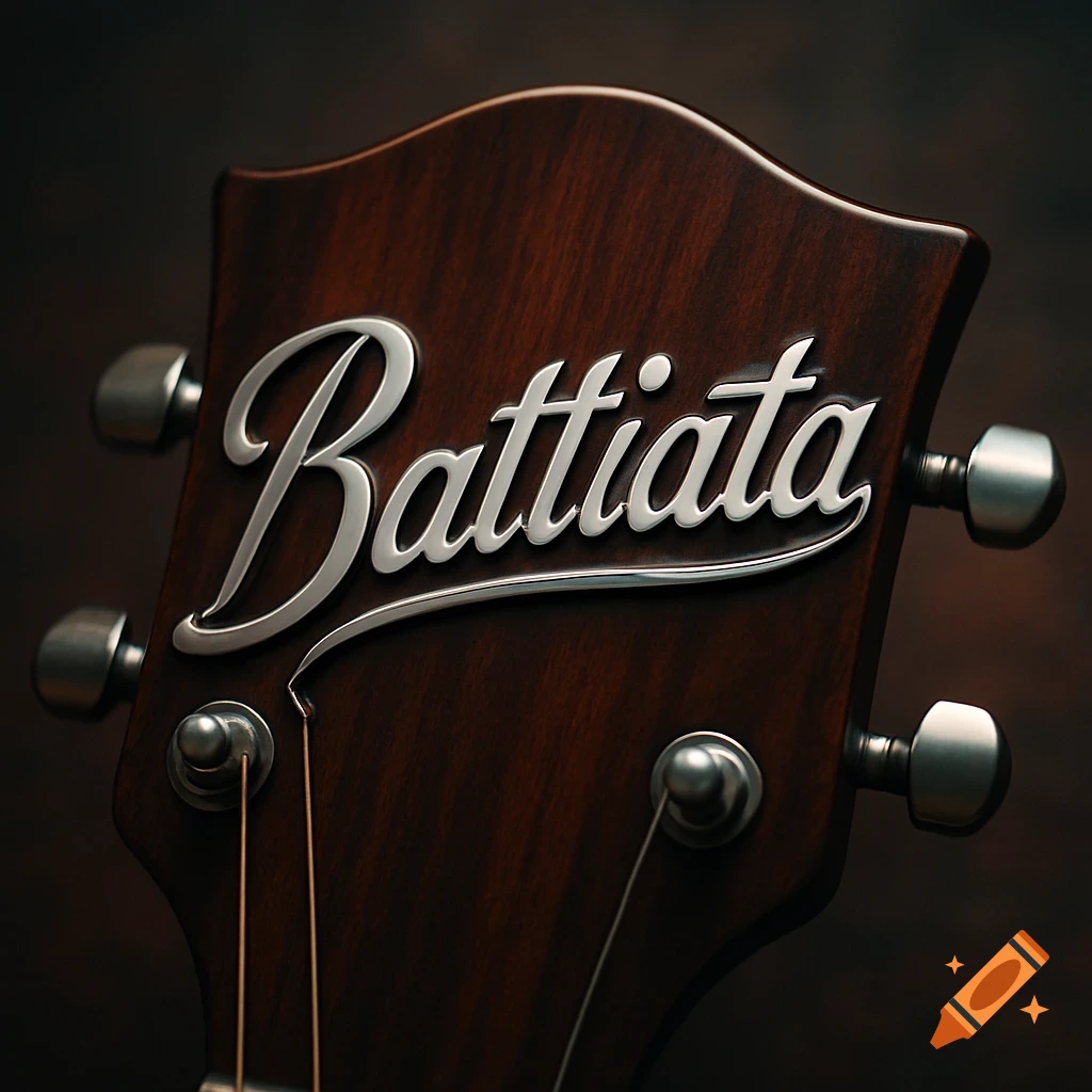 Close-up of a dark wooden guitar headstock with a silver embossed 'Battiata' logo.