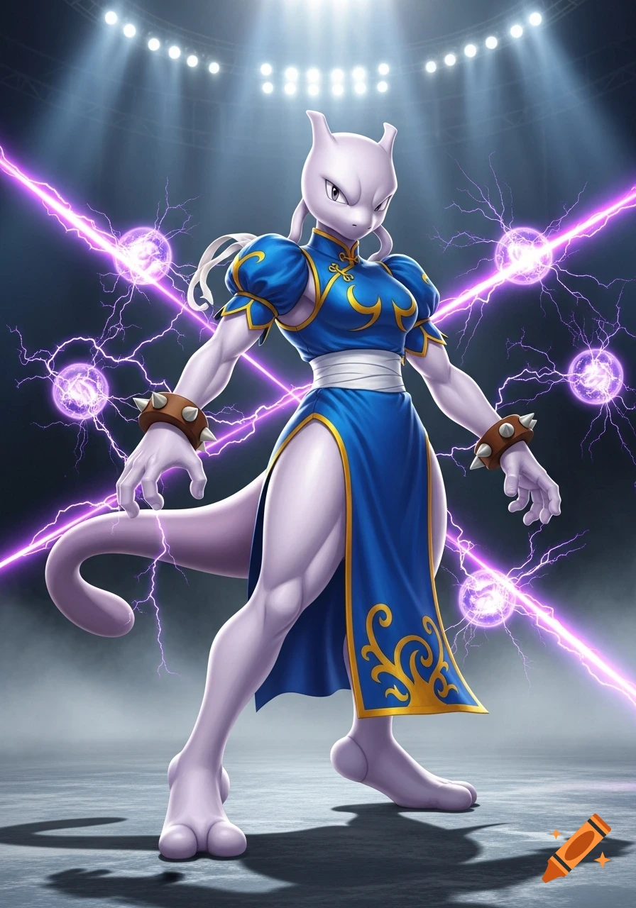 Mewtwo dressed as Chun-Li with purple lightning in a fighting arena. on ...