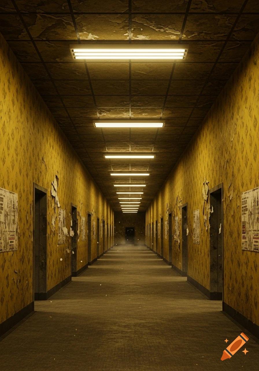 A long, eerie hallway with peeling yellow wallpaper, fluorescent lights, and posters, evoking a liminal space.