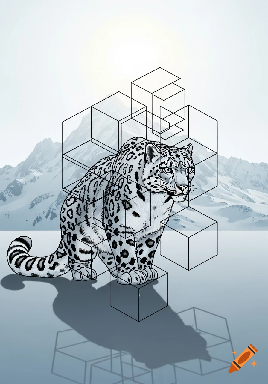 A stylized illustration of a snow leopard surrounded by geometric wireframe cubes, set against a backdrop of snowy mountains.