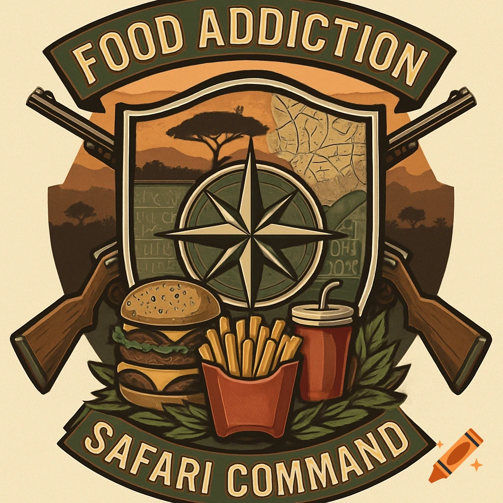 A vintage-style logo for 'Food Addiction Safari Command' with crossed rifles, a compass, a safari landscape, and junk food.