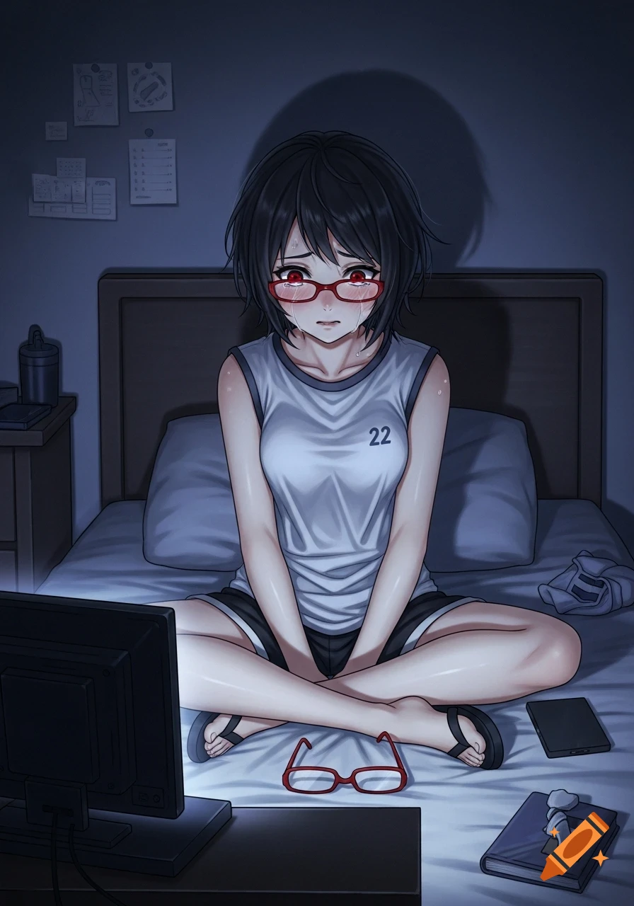 An anime girl with black hair and red glasses sits on a bed in a dark bedroom, crying with red eyes.