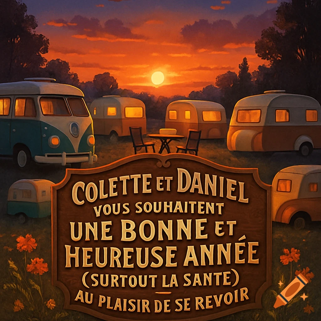 A retro-style illustration of camping vans at a campsite during sunset, featuring a wooden sign with a Happy New Year message.