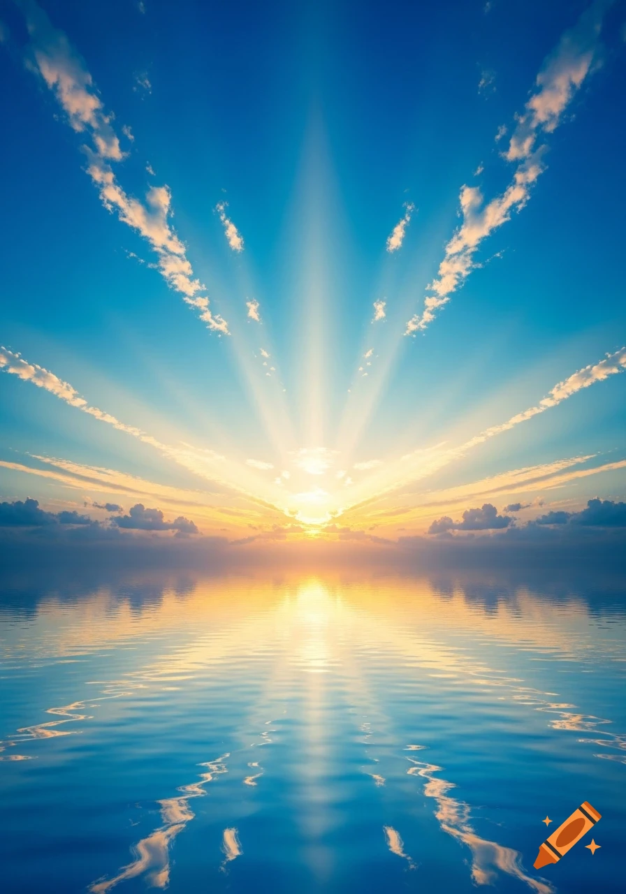 Vibrant sunrise with sun rays bursting across a blue sky, perfectly reflecting on calm water below.