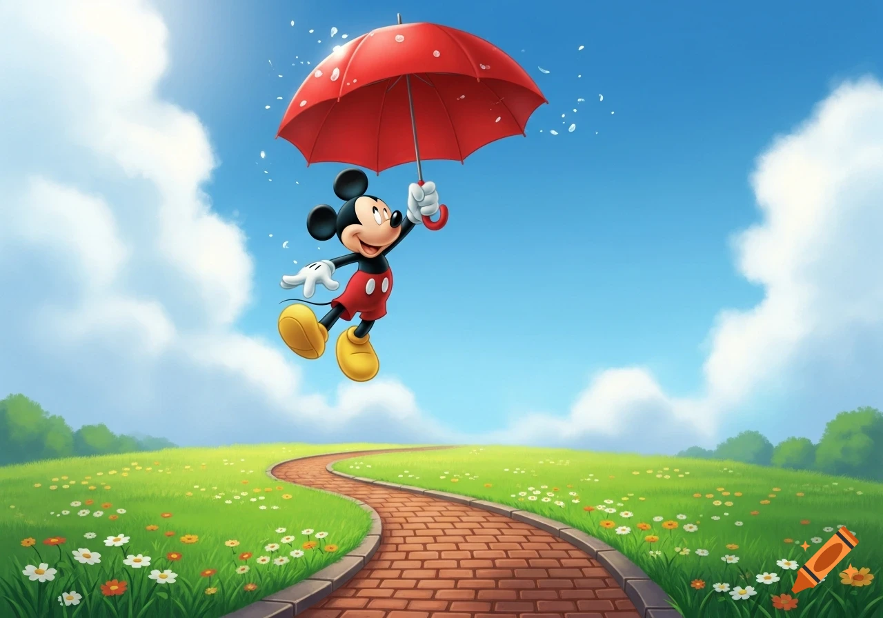 Mickey Mouse floats high in a blue sky, holding a red umbrella over a green field with a winding brick path.