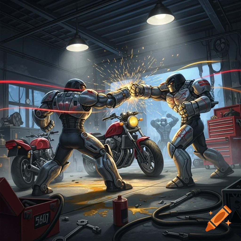 Two armored robots punch each other in a detailed garage with motorcycles, comic book style.