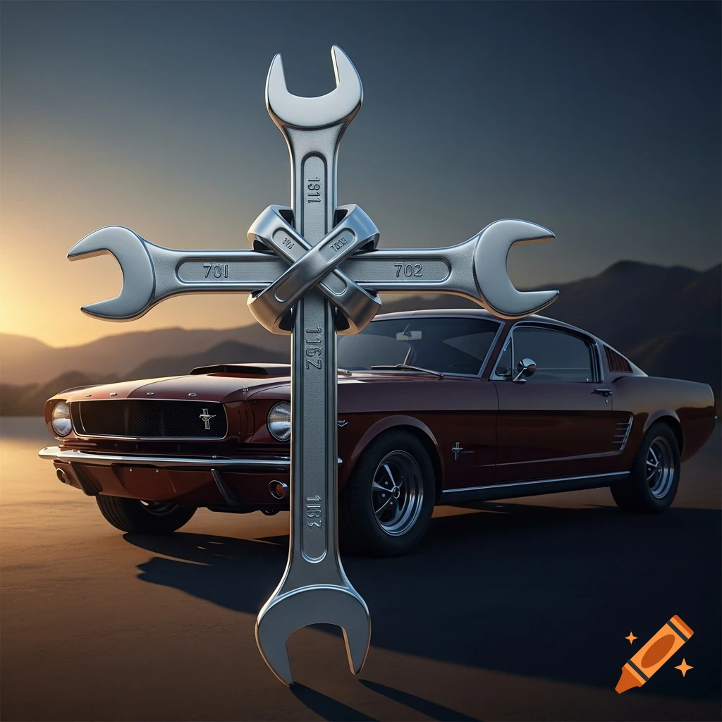 A close-up shot of two combination wrenches forming a Christian cross, set against a blurred background featuring a classic red Ford Mustang car at sunset.