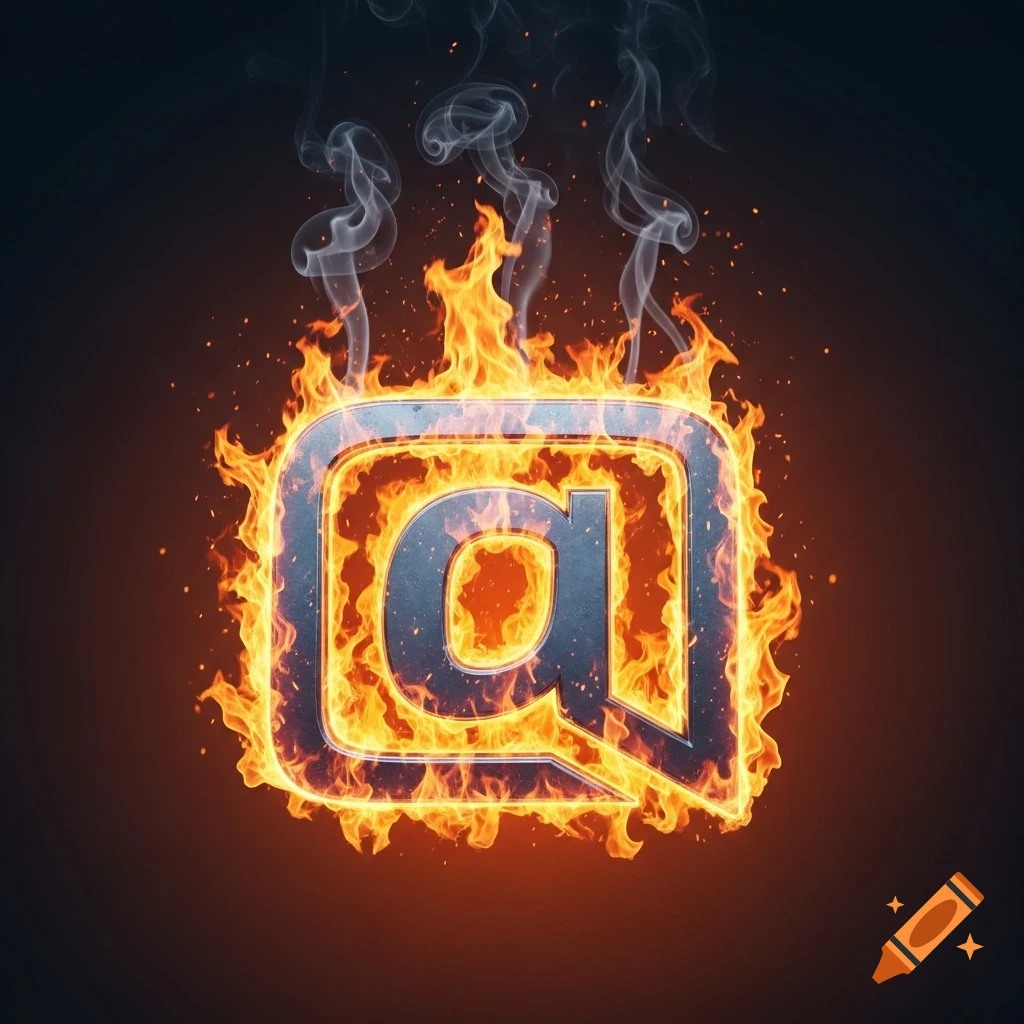 A stylized '@' symbol engulfed in vibrant orange and yellow flames with smoke rising, set against a dark background.