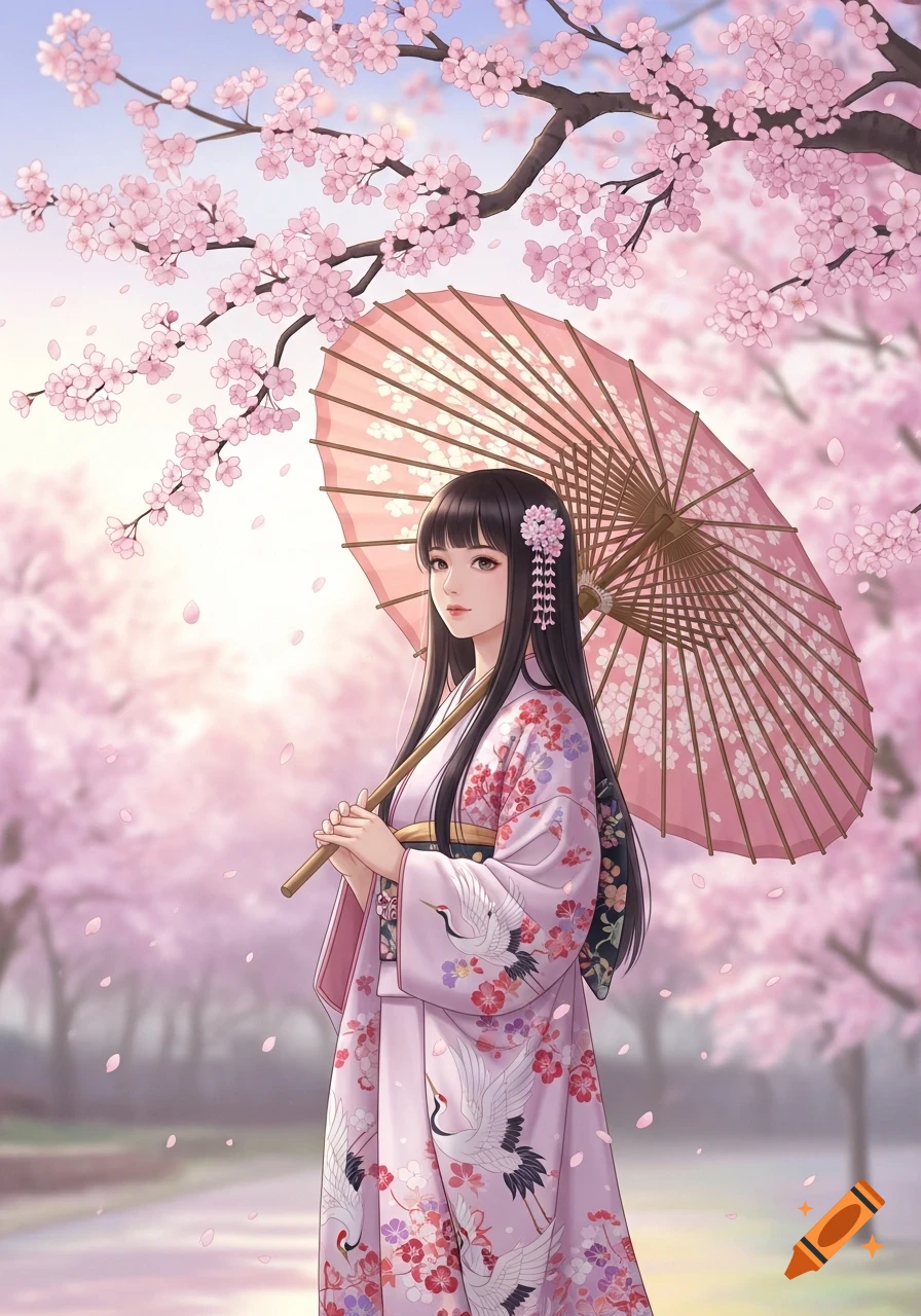 An anime-style Japanese woman in a pink kimono with crane and floral patterns, holding a parasol under blooming cherry blossoms.