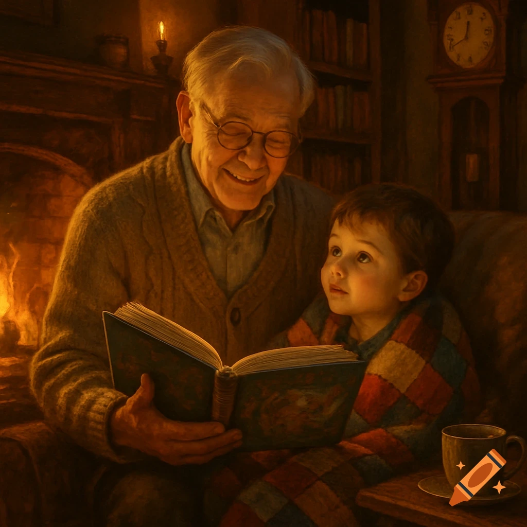 A grandpa reads a book to a child wrapped in a blanket by a warm fireplace, creating a cozy scene.