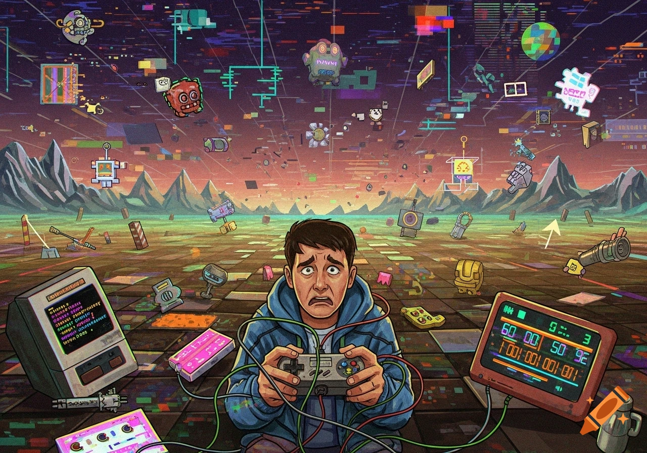 Distressed young man playing a retro video game controller amidst a chaotic, glitchy digital landscape with floating objects.