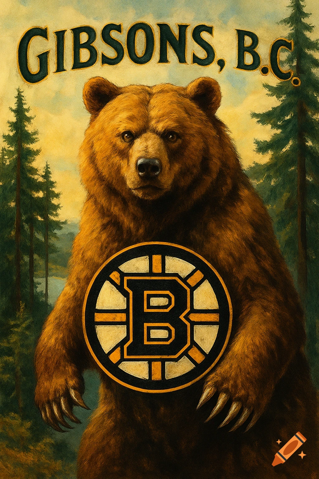 Painting of a brown bear holding a Boston Bruins logo, with 'GIBSONS, B.C.' text above, vintage art style.