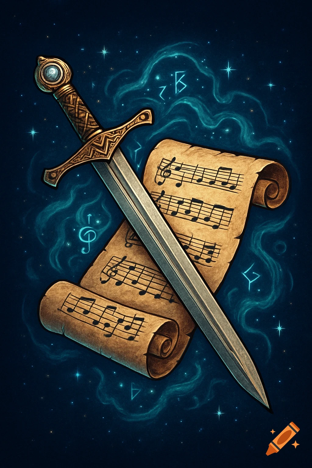 An ornate long sword rests diagonally over a rolled parchment music score with magical runes and stars in a dark blue, ethereal background.
