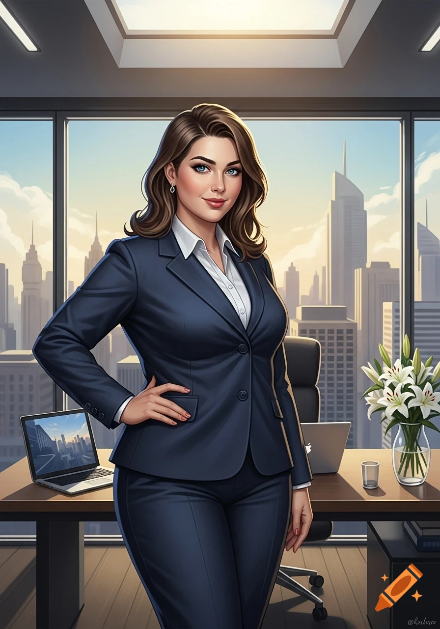 A confident professional woman in a navy suit stands in an office with a city skyline view, digital art.