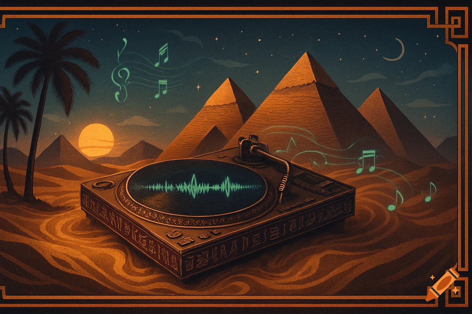 Artistic illustration of a record player playing music in an Egyptian desert with pyramids, palm trees, and a sunset under a starry sky.