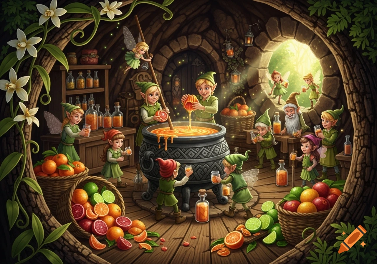 Fantasy illustration of cheerful elves, fairies, and gnomes making orange juice in a cauldron inside a tree trunk cave, with baskets of citrus fruits.