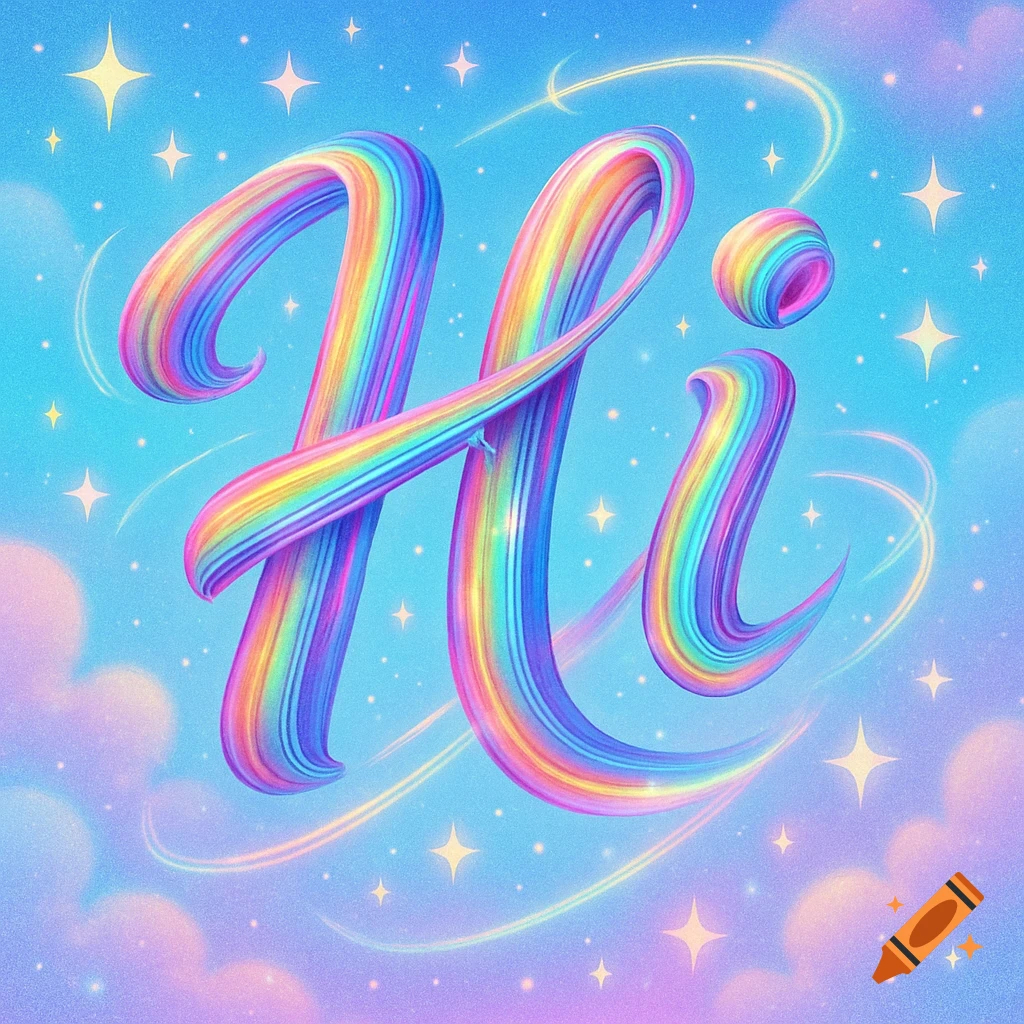 Stylized rainbow brushstroke 'Hi' text floats amidst sparkling stars and pastel clouds, with a bright blue sky.
