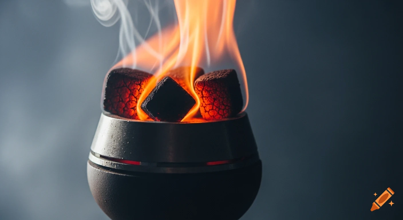 Close-up, ultra-realistic photo of glowing charcoal cubes atop a hookah bowl, with flames and rising smoke.