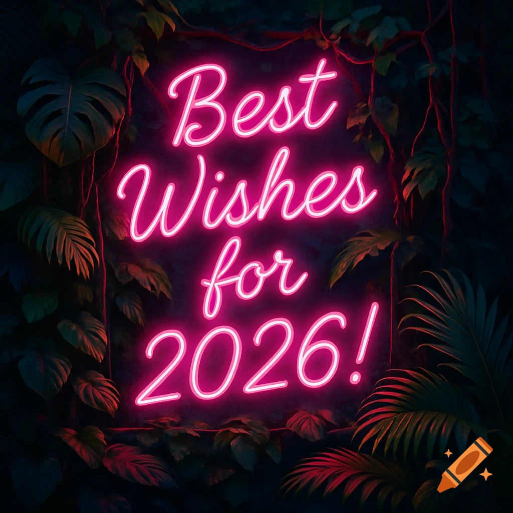 A bright pink neon sign spelling 'Best Wishes for 2026!' glows amidst dark green tropical foliage.
