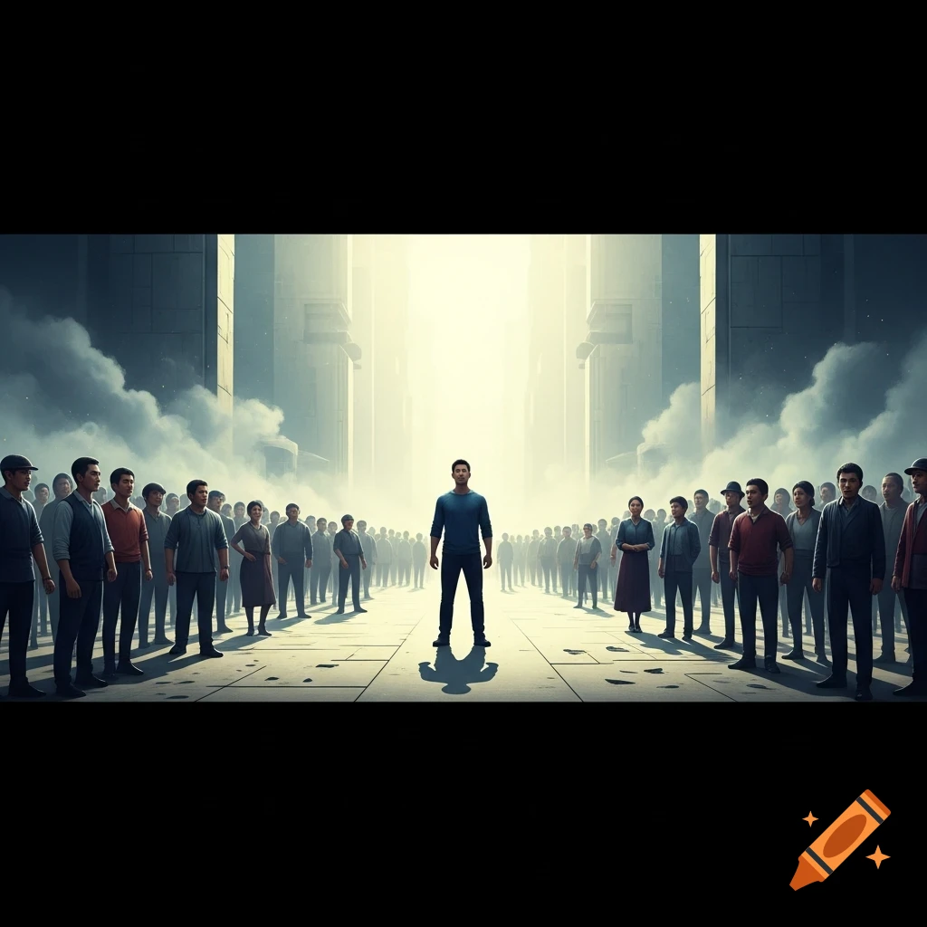 A man stands alone in a futuristic city plaza, surrounded by large, indistinct crowds under dramatic lighting.