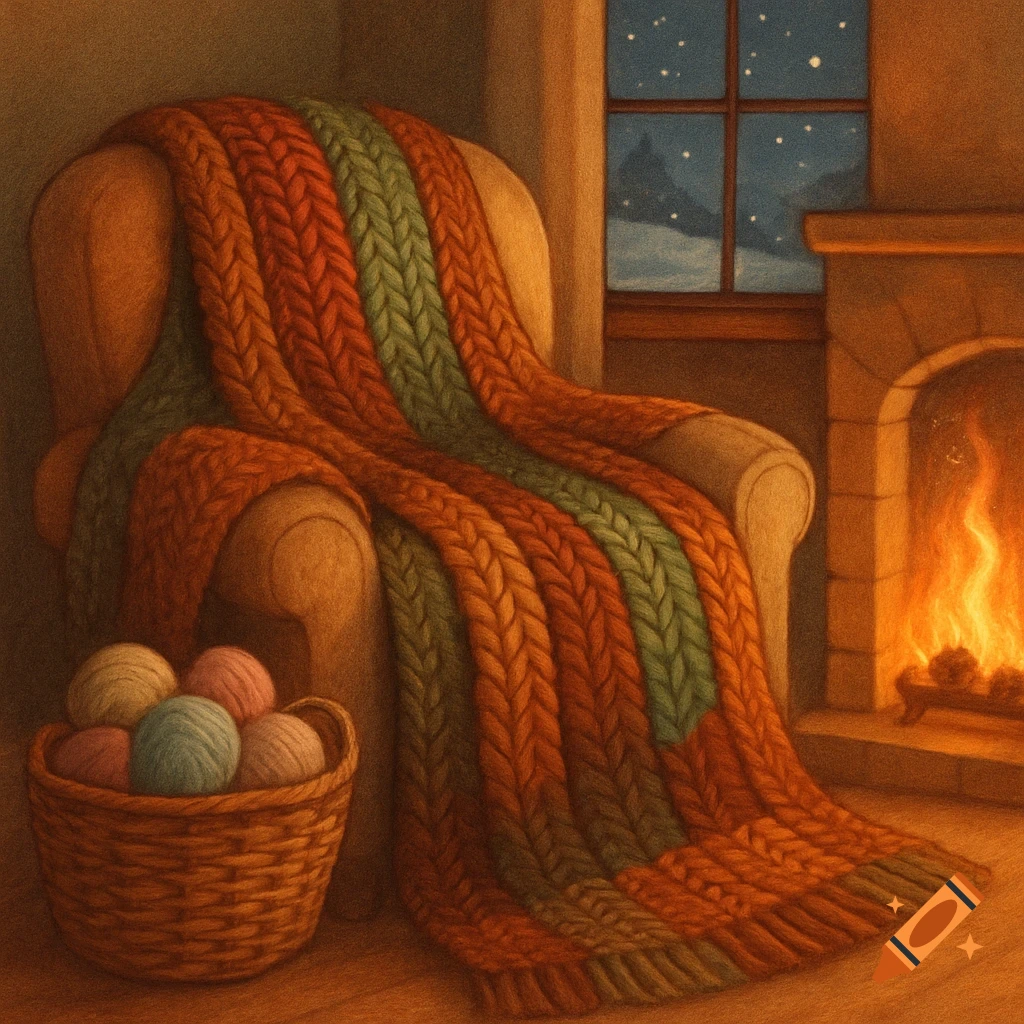 A cozy armchair draped with a thick knitted blanket in red, orange, and green by a warm fireplace and snowy window. A basket of colorful yarn sits beside it.