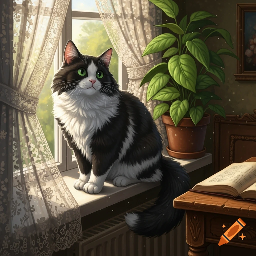 A fluffy black and white cat with green eyes sits on a sunlit window sill next to a potted plant and an open book.