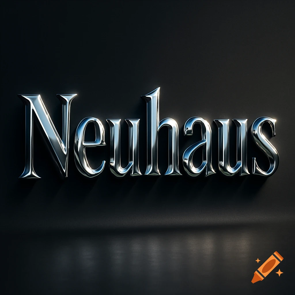 Metallic silver 3D lettering spelling 'Neuhaus' with reflections on a dark, subtly textured background.