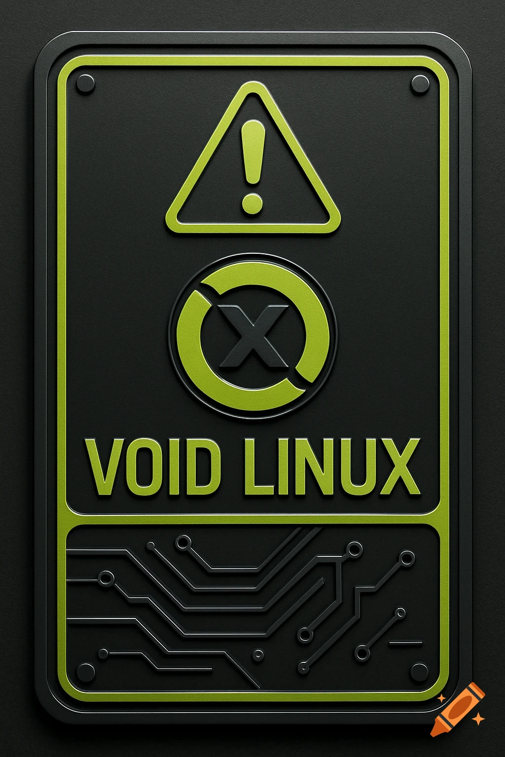 A black and neon green warning sign for Void Linux with an exclamation mark, a stylized 'X' logo, and circuit board graphics.